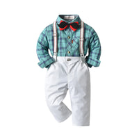 Load image into Gallery viewer, 2 Pieces Set Baby Kid Boys Birthday Checked Bow Shirts And Solid Color Jumpsuits Wholesale 230114114
