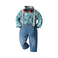 Load image into Gallery viewer, 2 Pieces Set Baby Kid Boys Birthday Checked Bow Shirts And Solid Color Jumpsuits Wholesale 230114114
