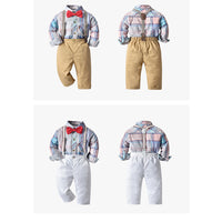 Load image into Gallery viewer, 2 Pieces Set Baby Kid Boys Birthday Checked Bow Shirts And Solid Color Jumpsuits Wholesale 230114114
