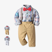 Load image into Gallery viewer, 2 Pieces Set Baby Kid Boys Birthday Checked Bow Shirts And Solid Color Jumpsuits Wholesale 230114114
