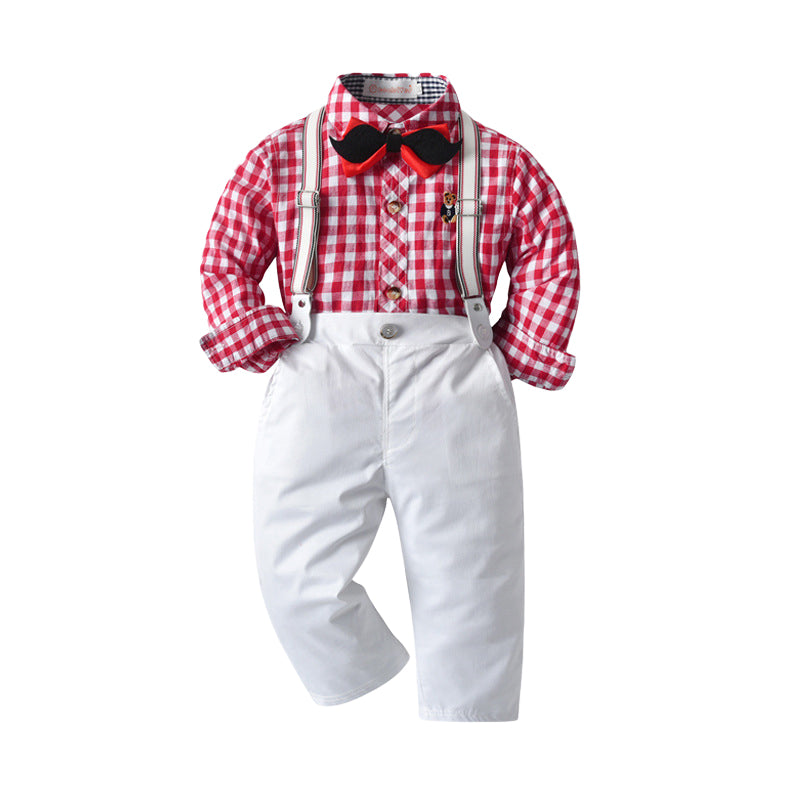 2 Pieces Set Baby Kid Boys Birthday Checked Animals Bow Embroidered Shirts And Solid Color Jumpsuits Wholesale 230114116
