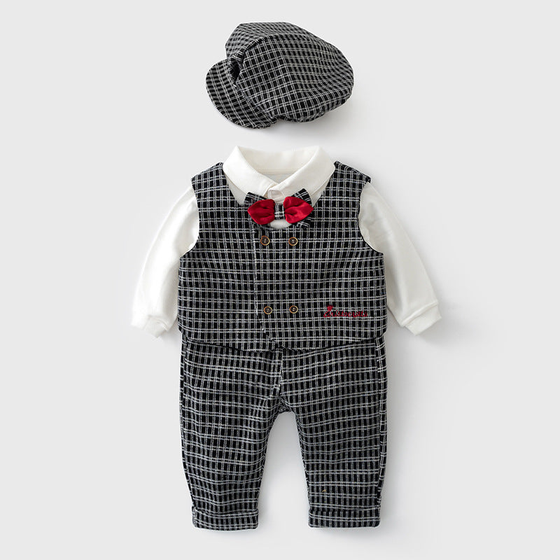 4 Pieces Set Baby Kid Boys Birthday Party Solid Color Checked Shirts Bow Vests Waistcoats Pants And Hats Wholesale 230114125