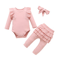 Load image into Gallery viewer, 3 Pieces Set Baby Girls Solid Color Muslin&amp;Ribbed Rompers Pants And Bow Headwear Wholesale 230114126
