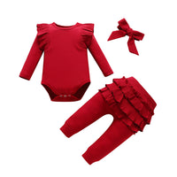 Load image into Gallery viewer, 3 Pieces Set Baby Girls Solid Color Muslin&amp;Ribbed Rompers Pants And Bow Headwear Wholesale 230114126
