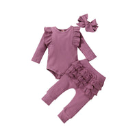 Load image into Gallery viewer, 3 Pieces Set Baby Girls Solid Color Muslin&amp;Ribbed Rompers Pants And Bow Headwear Wholesale 230114126
