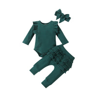 Load image into Gallery viewer, 3 Pieces Set Baby Girls Solid Color Muslin&amp;Ribbed Rompers Pants And Bow Headwear Wholesale 230114126
