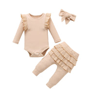 Load image into Gallery viewer, 3 Pieces Set Baby Girls Solid Color Muslin&amp;Ribbed Rompers Pants And Bow Headwear Wholesale 230114126
