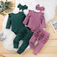 Load image into Gallery viewer, 3 Pieces Set Baby Girls Solid Color Muslin&amp;Ribbed Rompers Pants And Bow Headwear Wholesale 230114126

