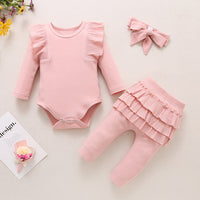 Load image into Gallery viewer, 3 Pieces Set Baby Girls Solid Color Muslin&amp;Ribbed Rompers Pants And Bow Headwear Wholesale 230114126
