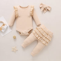 Load image into Gallery viewer, 3 Pieces Set Baby Girls Solid Color Muslin&amp;Ribbed Rompers Pants And Bow Headwear Wholesale 230114126
