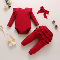 Load image into Gallery viewer, 3 Pieces Set Baby Girls Solid Color Muslin&amp;Ribbed Rompers Pants And Bow Headwear Wholesale 230114126
