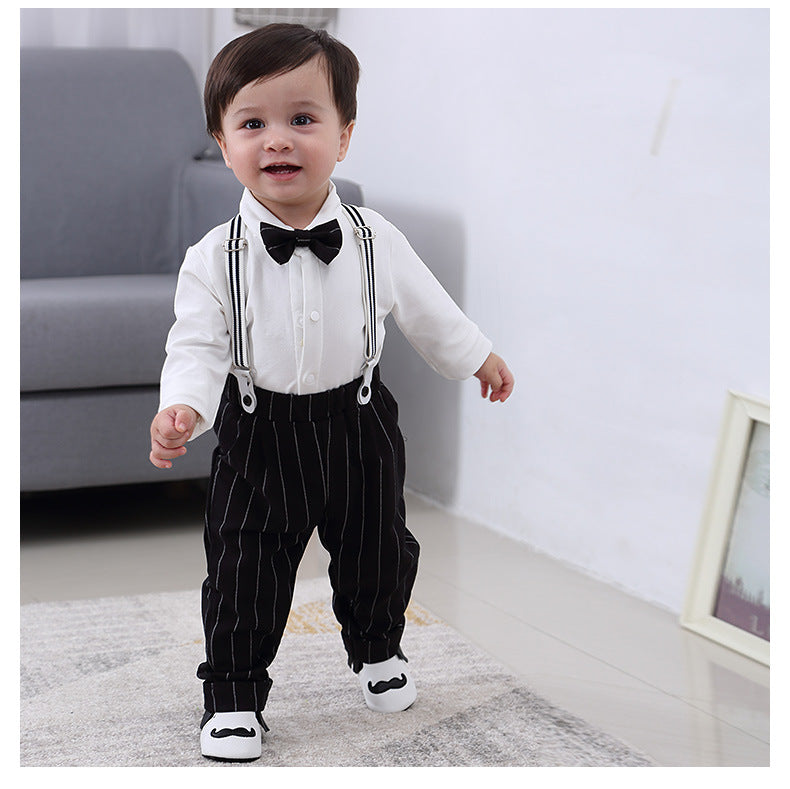 2 Pieces Set Baby Kid Boys Dressy Solid Color Bow Shirts And Striped Jumpsuits Suits Wholesale 23011415
