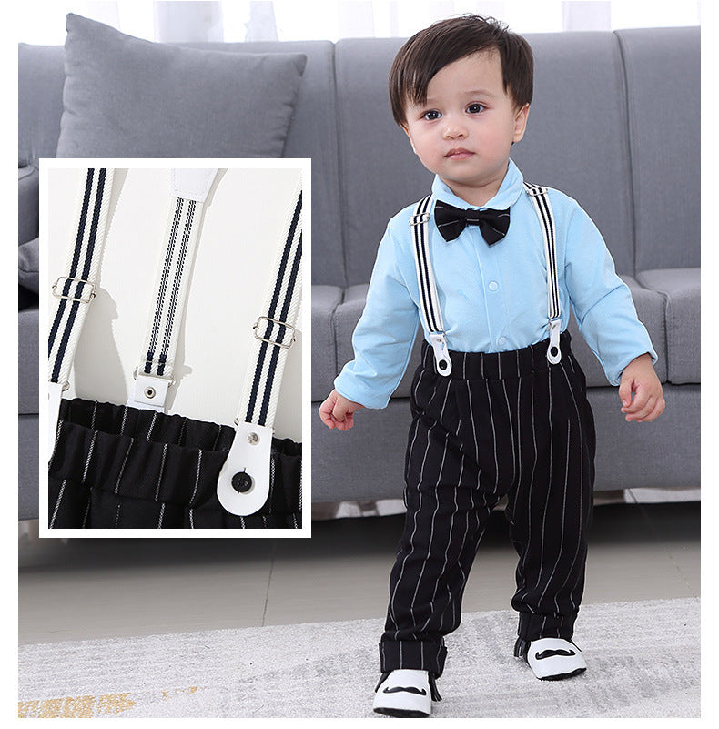 2 Pieces Set Baby Kid Boys Dressy Solid Color Bow Shirts And Striped Jumpsuits Suits Wholesale 23011415