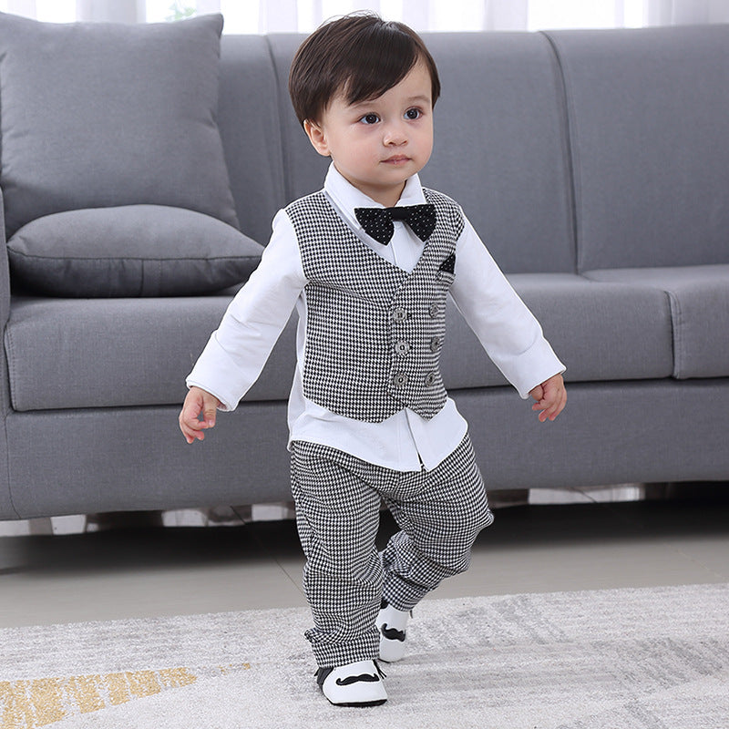 2 Pieces Set Baby Kid Boys Dressy Striped Checked Bow Shirts And Pants Suits Wholesale 23011416