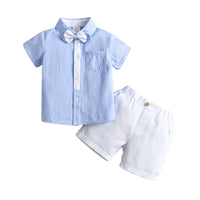 Load image into Gallery viewer, 2 Pieces Set Baby Kid Boys Dressy Striped Bow Shirts And Solid Color Shorts Suits Wholesale 230114218
