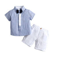 Load image into Gallery viewer, 2 Pieces Set Baby Kid Boys Dressy Striped Bow Shirts And Solid Color Shorts Suits Wholesale 230114218
