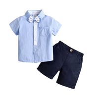Load image into Gallery viewer, 2 Pieces Set Baby Kid Boys Dressy Striped Bow Shirts And Solid Color Shorts Suits Wholesale 230114218
