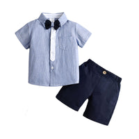 Load image into Gallery viewer, 2 Pieces Set Baby Kid Boys Dressy Striped Bow Shirts And Solid Color Shorts Suits Wholesale 230114218
