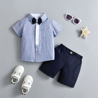 Load image into Gallery viewer, 2 Pieces Set Baby Kid Boys Dressy Striped Bow Shirts And Solid Color Shorts Suits Wholesale 230114218
