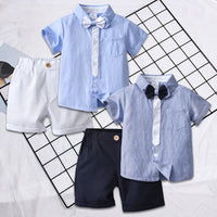 Load image into Gallery viewer, 2 Pieces Set Baby Kid Boys Dressy Striped Bow Shirts And Solid Color Shorts Suits Wholesale 230114218
