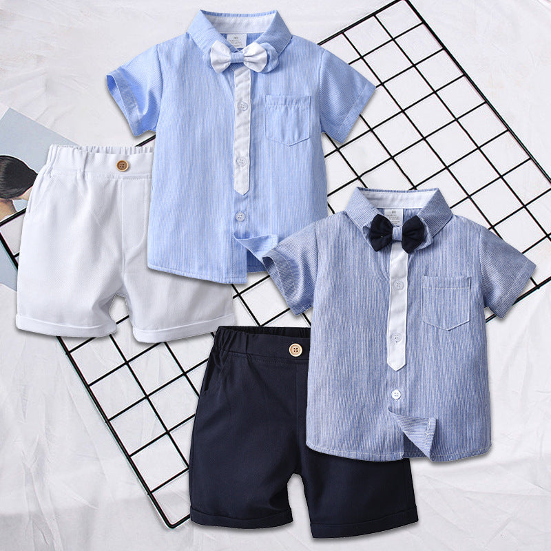 2 Pieces Set Baby Kid Boys Dressy Striped Bow Shirts And Solid Color Shorts Suits Wholesale 230114218