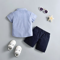 Load image into Gallery viewer, 2 Pieces Set Baby Kid Boys Dressy Striped Bow Shirts And Solid Color Shorts Suits Wholesale 230114218
