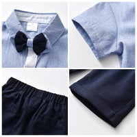 Load image into Gallery viewer, 2 Pieces Set Baby Kid Boys Dressy Striped Bow Shirts And Solid Color Shorts Suits Wholesale 230114218
