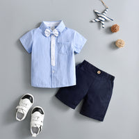 Load image into Gallery viewer, 2 Pieces Set Baby Kid Boys Dressy Striped Bow Shirts And Solid Color Shorts Suits Wholesale 230114218
