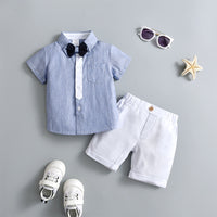 Load image into Gallery viewer, 2 Pieces Set Baby Kid Boys Dressy Striped Bow Shirts And Solid Color Shorts Suits Wholesale 230114218
