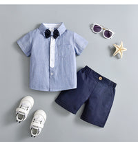 Load image into Gallery viewer, 2 Pieces Set Baby Kid Boys Dressy Striped Bow Shirts And Solid Color Shorts Suits Wholesale 230114218
