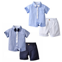 Load image into Gallery viewer, 2 Pieces Set Baby Kid Boys Dressy Striped Bow Shirts And Solid Color Shorts Suits Wholesale 230114218
