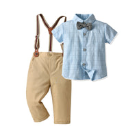 Load image into Gallery viewer, 2 Pieces Set Baby Kid Boys Checked Bow Shirts And Solid Color Jumpsuits Wholesale 230114235
