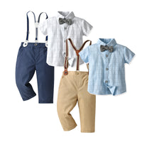 Load image into Gallery viewer, 2 Pieces Set Baby Kid Boys Checked Bow Shirts And Solid Color Jumpsuits Wholesale 230114235
