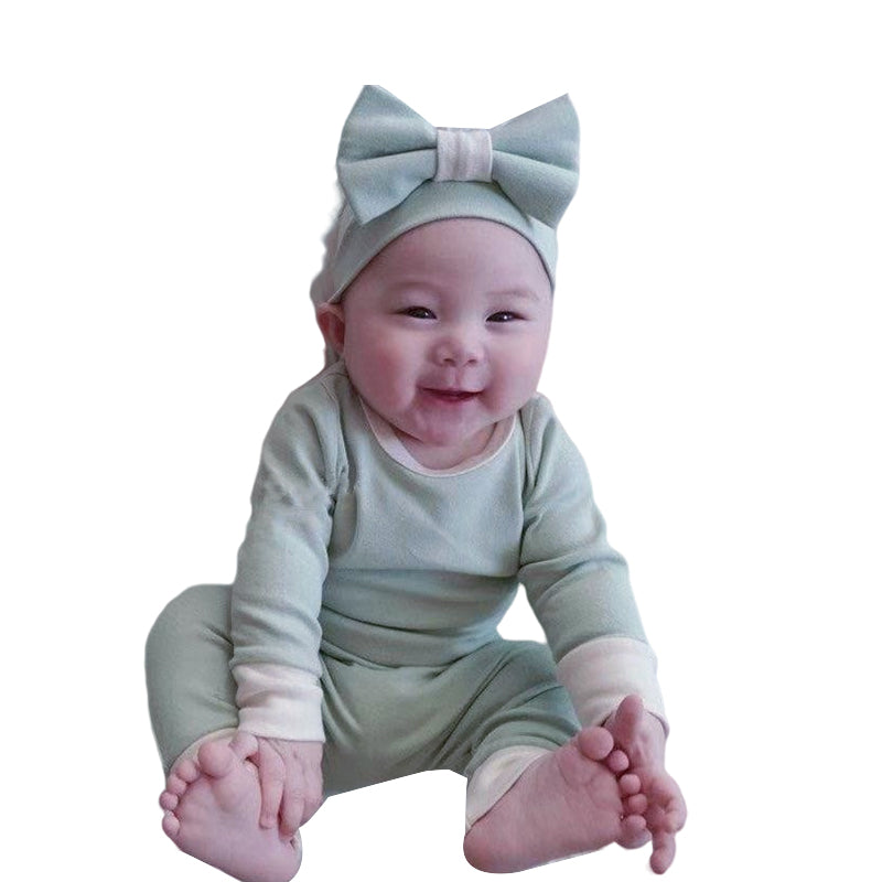3 Pieces Set Baby Unisex Color-blocking Tops And Pants And Bow Headwear Wholesale 230114267