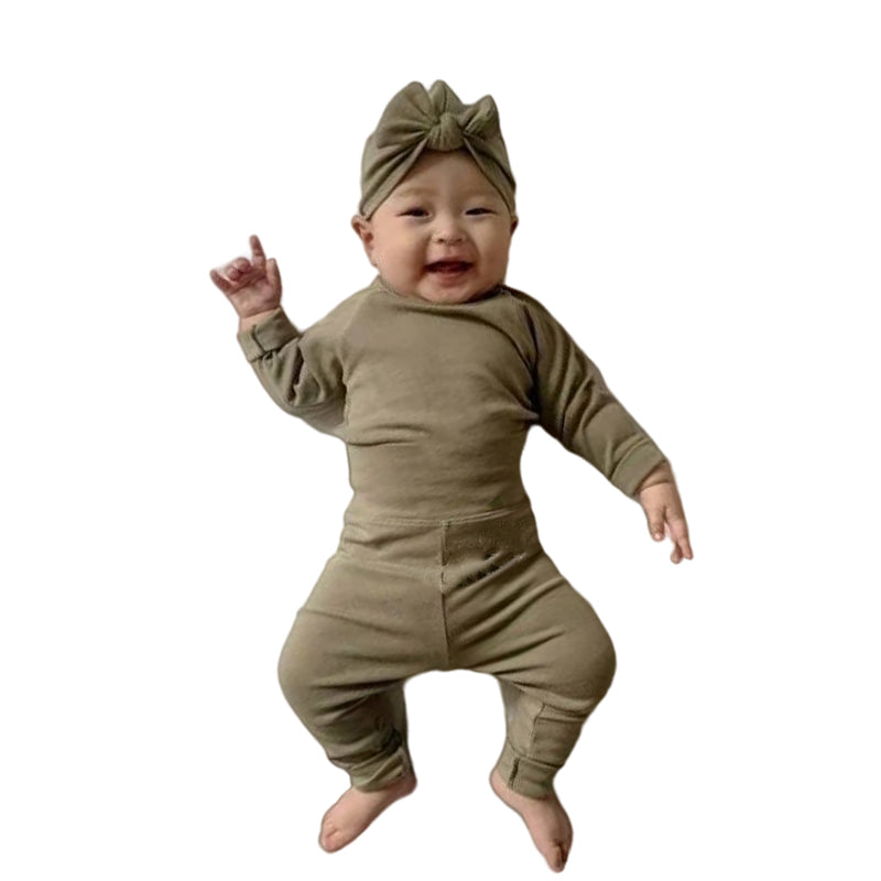 3 Pieces Set Baby Girls Solid Color Rompers And Pants And Bow Headwear Wholesale 230114337