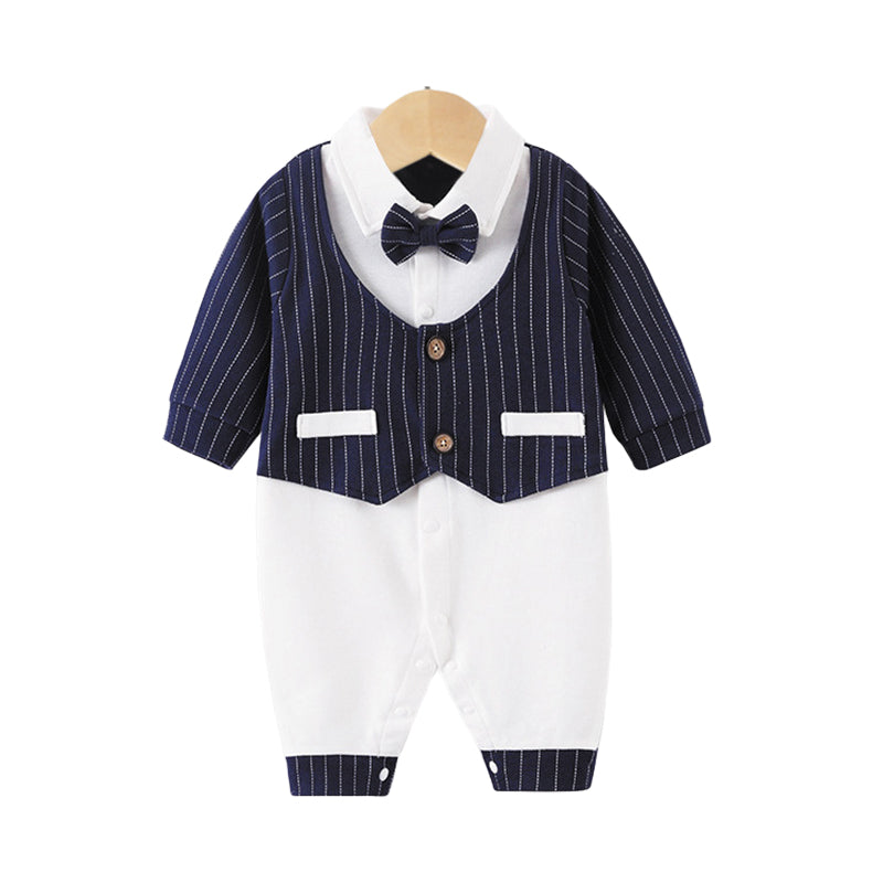 Baby Boys Striped Color-blocking Bow Birthday Jumpsuits Wholesale 230114361