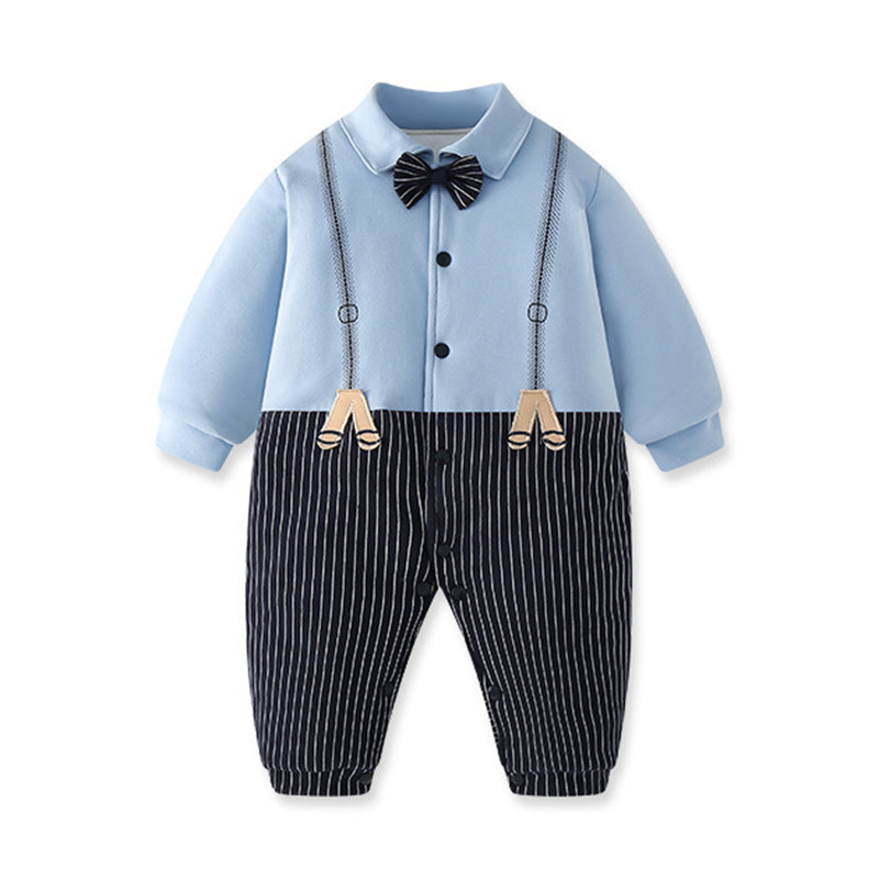 Baby Boys Striped Color-blocking Bow Birthday Jumpsuits Wholesale 230114445