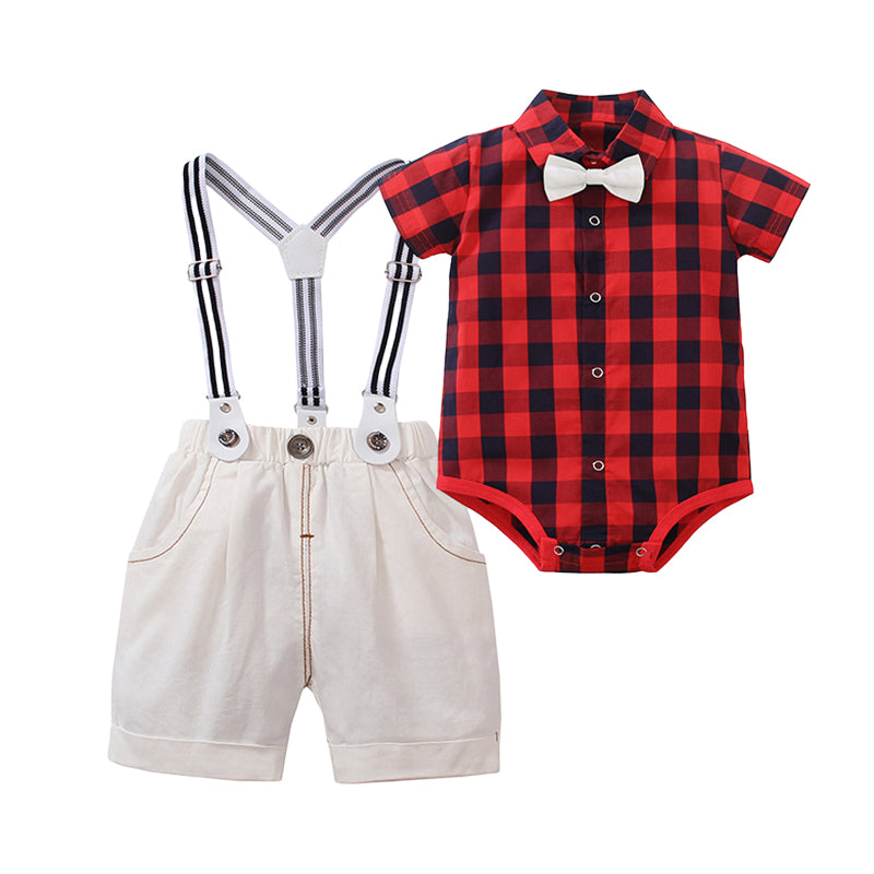 2 Pieces Set Baby Boys Checked Bow Rompers And Solid Color Jumpsuits Wholesale 230114495