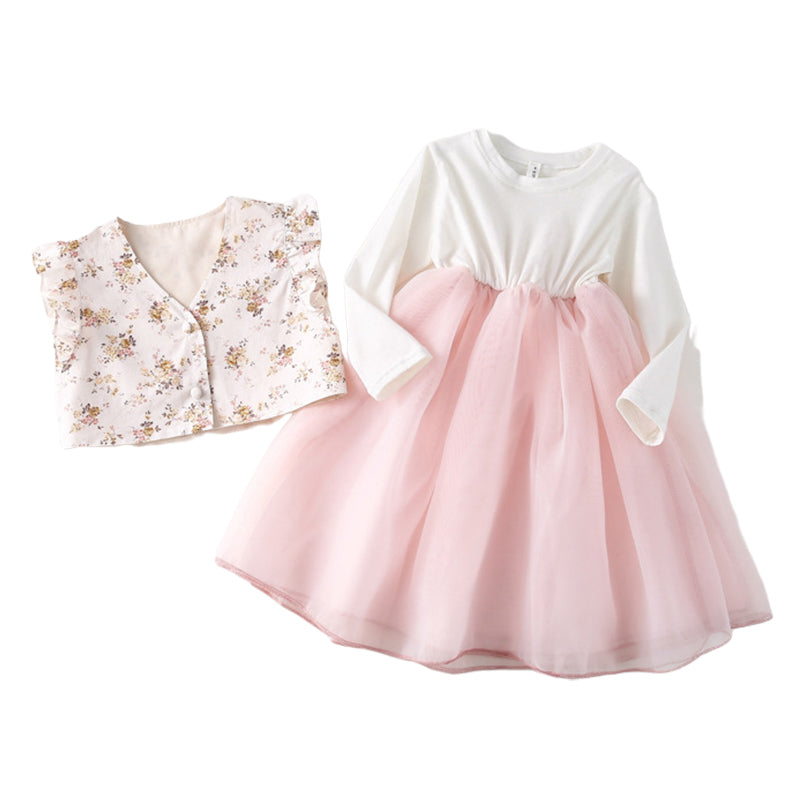 2 Pieces Set Baby Kid Girls Color-blocking Dresses And Flower Vests Waistcoats Wholesale 230114543