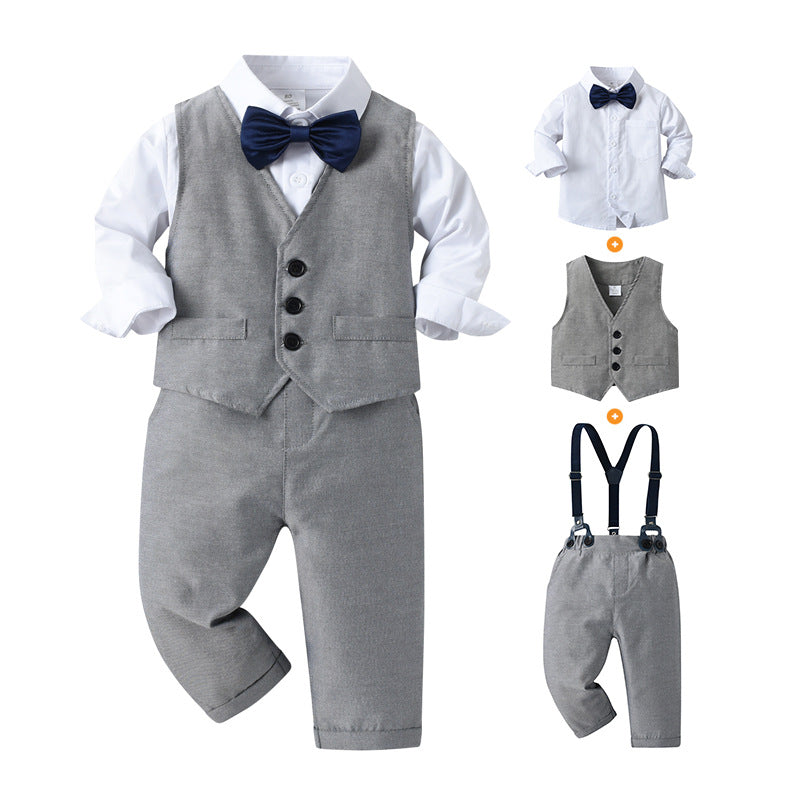 3 Pieces Set Baby Kid Boys Birthday Party Bow Shirts Solid Color Vests Waistcoats And Color-blocking Jumpsuits Wholesale 230114552