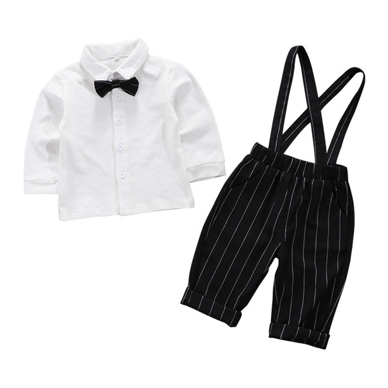 2 Pieces Set Baby Kid Boys Solid Color Bow Shirts And Striped Jumpsuits Wholesale 23011471