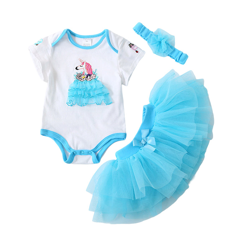 3 Pieces Set Baby Girls Cartoon Print Rompers Bow Skirts And Solid Color Headwear Wholesale 23011481