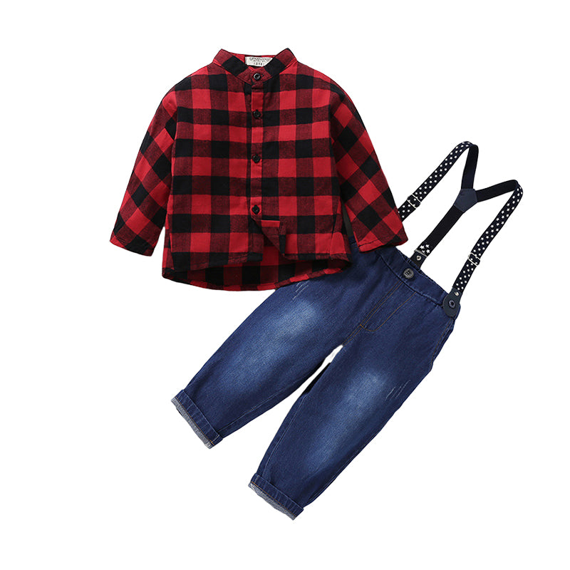 2 Pieces Set Baby Kid Boys Checked Tops And Color-blocking Jumpsuits Wholesale 23011483