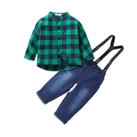 Load image into Gallery viewer, 2 Pieces Set Baby Kid Boys Checked Tops And Color-blocking Jumpsuits Wholesale 23011483
