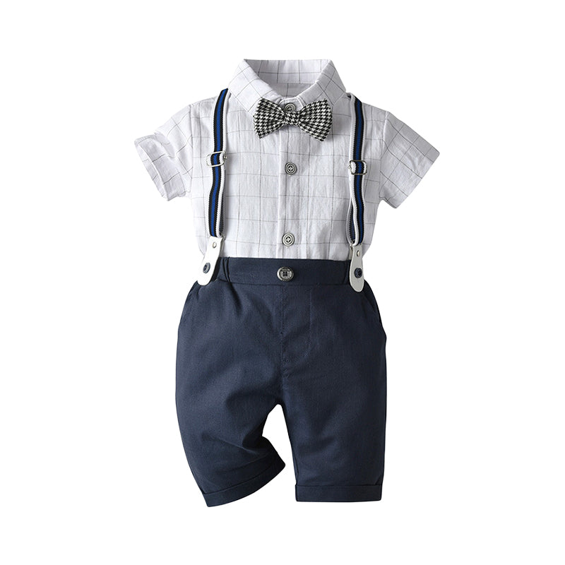 2 Pieces Set Baby Kid Boys Birthday Party Checked Bow Shirts And Solid Color Jumpsuits Wholesale 23011484