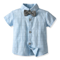 Load image into Gallery viewer, 2 Pieces Set Baby Kid Boys Birthday Party Checked Bow Shirts And Solid Color Jumpsuits Wholesale 23011484
