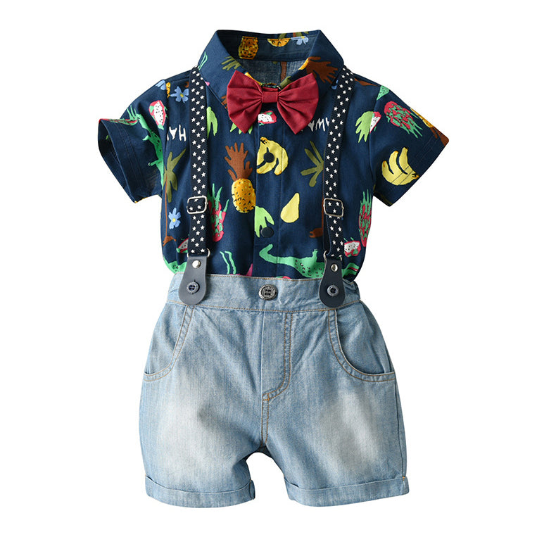2 Pieces Set Baby Kid Boys Animals Cartoon Bow Print Shirts And Solid Color Rompers Wholesale 23011493