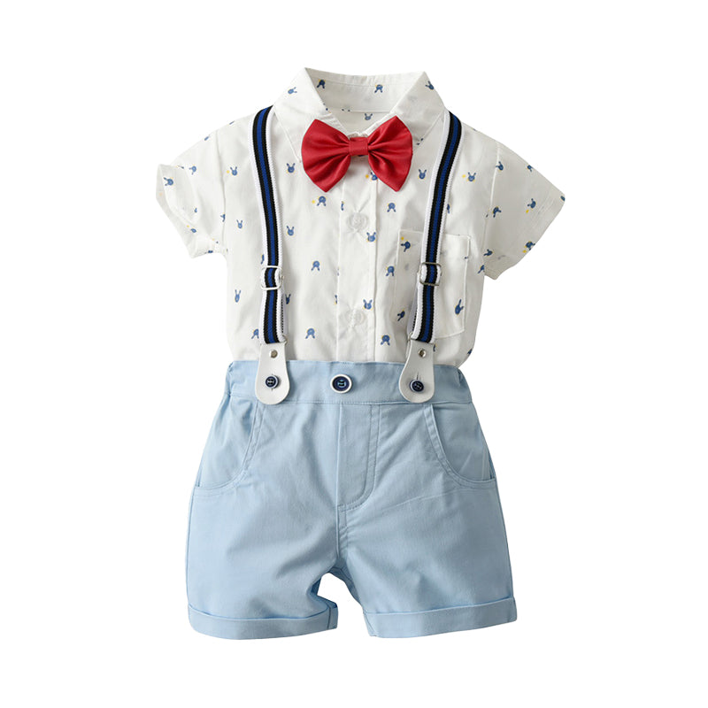 2 Pieces Set Baby Kid Boys Birthday Cartoon Bow Print Shirts And Solid Color Rompers Wholesale 23011498