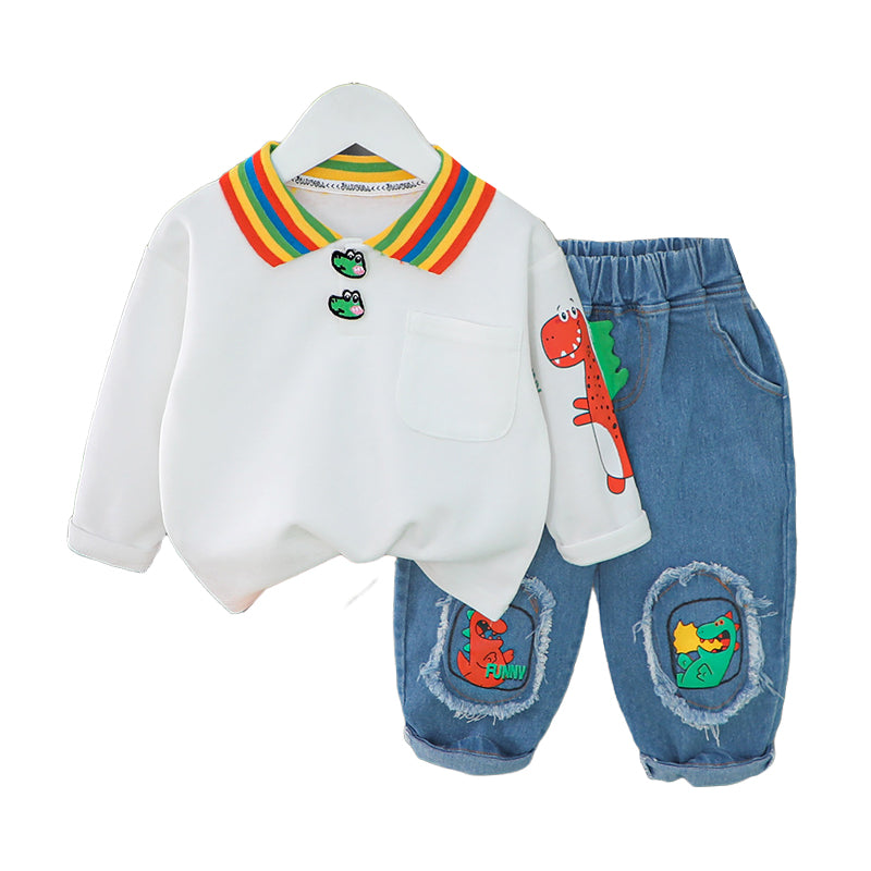 2 Pieces Set Baby Kid Boys Dinosaur Rainbow Embroidered Polo Shirts And Print Jeans Wholesale 230129207