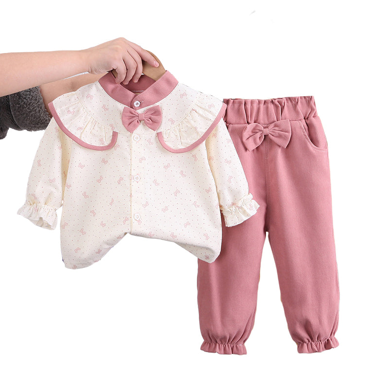 2 Pieces Set Baby Kid Girls Bow Tops And Solid Color Pants Wholesale 230129229